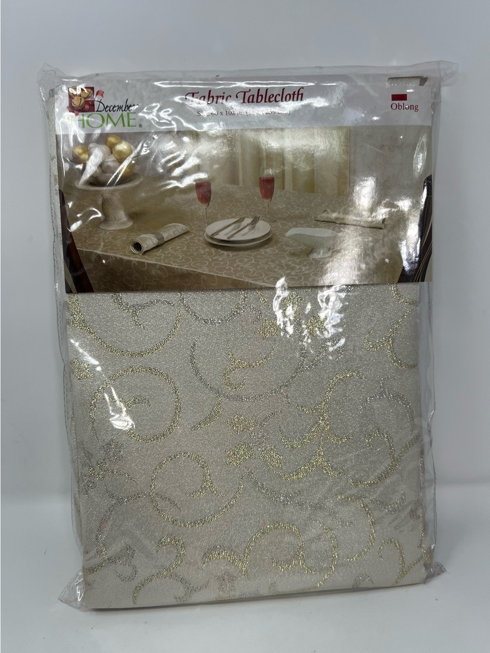 December Home Fabric Tablecloth Oblong 60x102 NOS Ivory Gold Silver Scroll